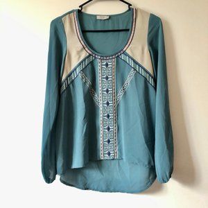 Tobi Blue Tribal Blouse Flounce Sleeve